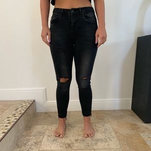 High waisted dark gray jeans